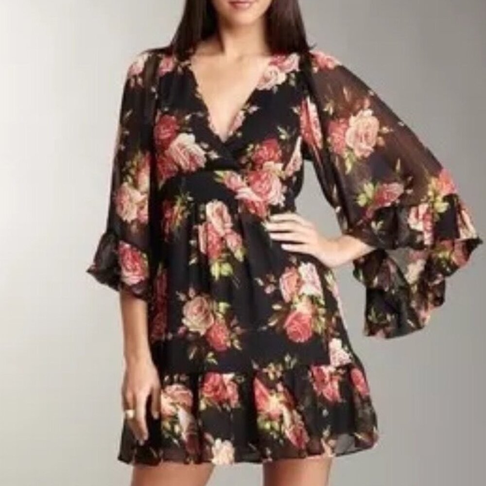 Rare Betsey Johnson Goth Black Floral V-Neck Long Sheer Ruffle Bell Sleeves